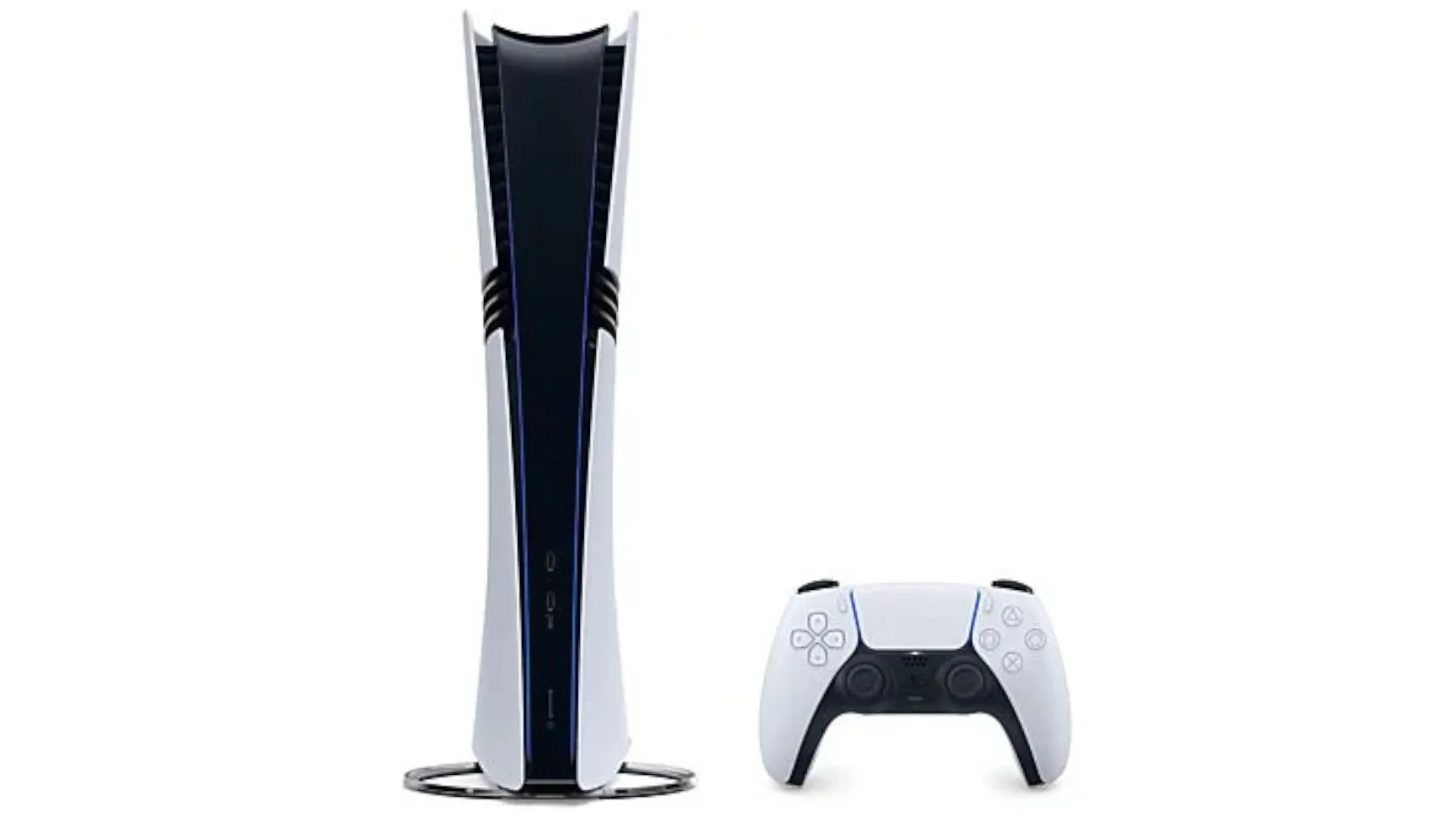 Een witte en zwarte PlayStation 5 naast een witte controller op een witte achtergrond.