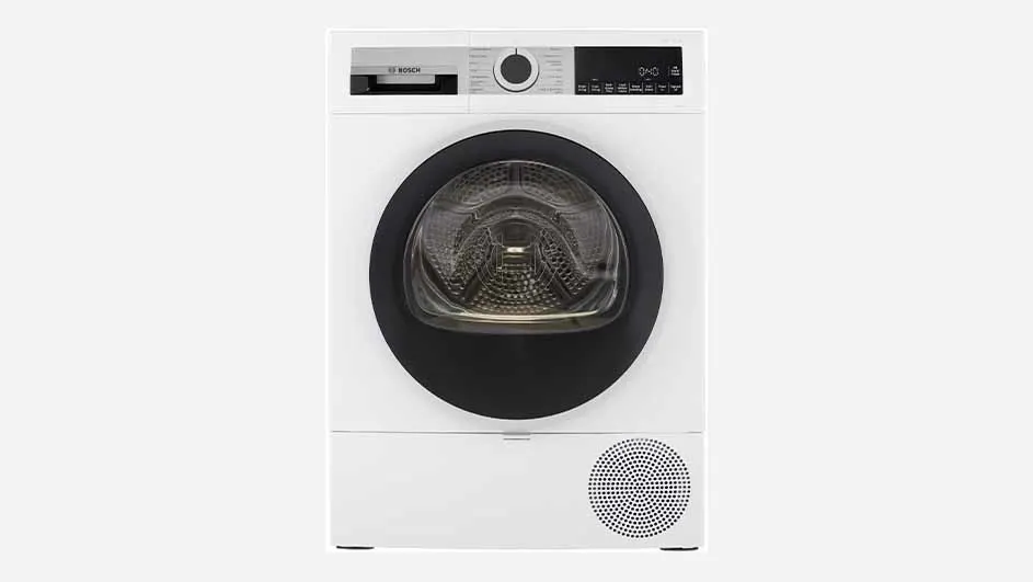 Vooraanzicht van een witte Bosch Serie 6 EasyClean-warmtepompdroger met een ronde zwarte deur, centrale draaiknop en digitaal display rechtsboven.