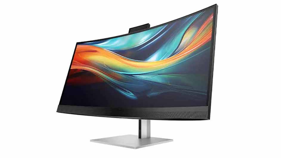 Gebogen computerscherm met abstracte gekleurde afbeelding op een zilverkleurige voet tegen een witte achtergrond.