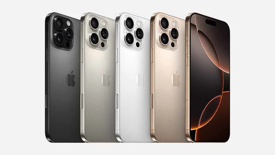 Vier iPhones van achteren gezien: zwart, zilver, wit en goud. De rechter telefoon toont het scherm met een grafisch ontwerp.