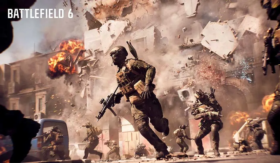 Soldaten rennen door een stad terwijl een gebouw achter hen explodeert en instort, overal vuur en puin. Merk: Battlefield 6.