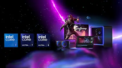 Drie Intel Core logo's, een speldoos, een grafische kaart, een laptop en een computer tegen een paarse achtergrond.