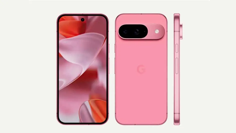 Roze mobiele telefoon, voor-, achter- en zijaanzicht. Het scherm toont een abstract roze en oranje patroon. Achterkant met camerablok.