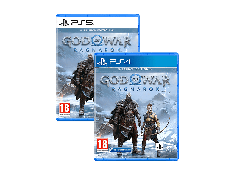 Twee blauwe gamehoesjes: PS5 en PS4 versies van God of War Ragnarök. Personages staan afgebeeld voor een besneeuwd landschap.