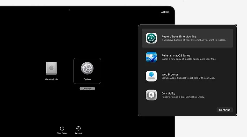 Scherm toont macOS herstelscherm met opties als Time Machine terugzetting, macOS herinstallatie, webbrowser en Schijfhulpprogramma op donkere achtergrond.