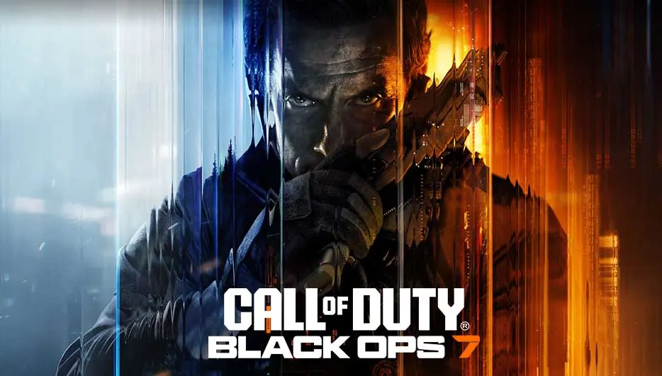 Call of Duty Black Ops 7 logo met dramatische soldaat in blauw en oranje licht, intense blik, militaire uitrusting zichtbaar