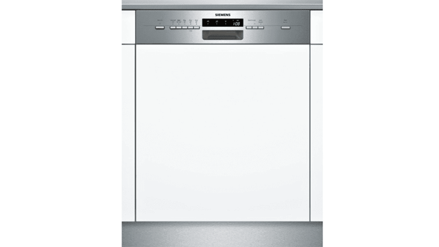 Een witte vaatwasser met een zilveren bedieningspaneel. Het paneel heeft knoppen en een display.