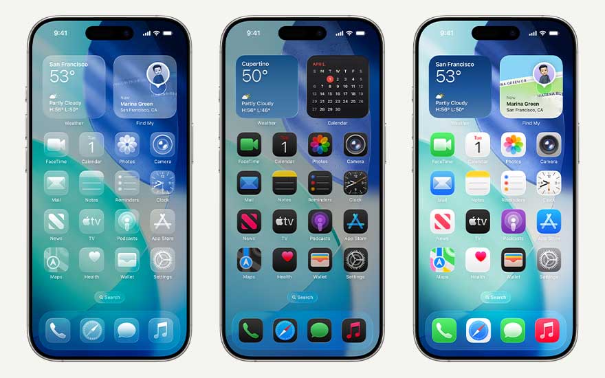 Three smartphones display home screens in different layouts, each with widgets and app icons over a shared blue-themed background.