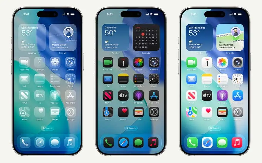 Drie smartphones tonen het thuisscherm met verschillende indelingen, widgets en app-iconen, voor dezelfde blauwe achtergrond.