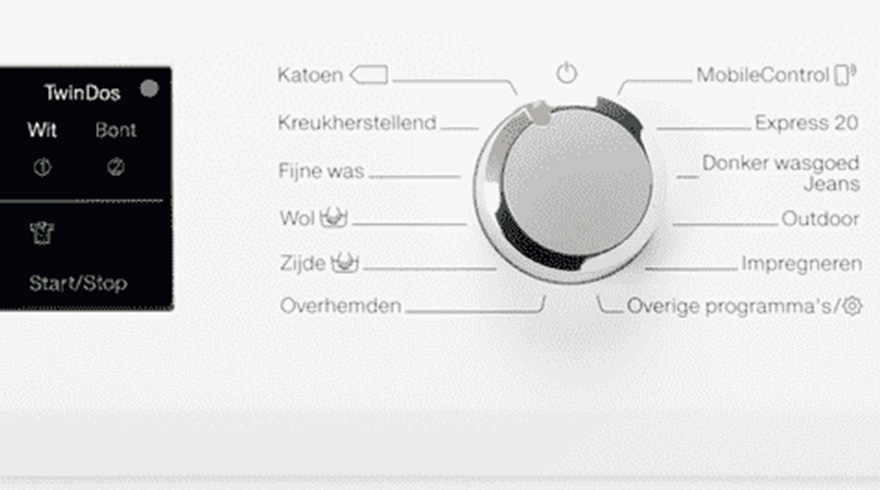 Bedieningspaneel van een wasmachine met een programmakeuzeknop, TwinDos-selectie en een start/stopknop op een witte achtergrond.