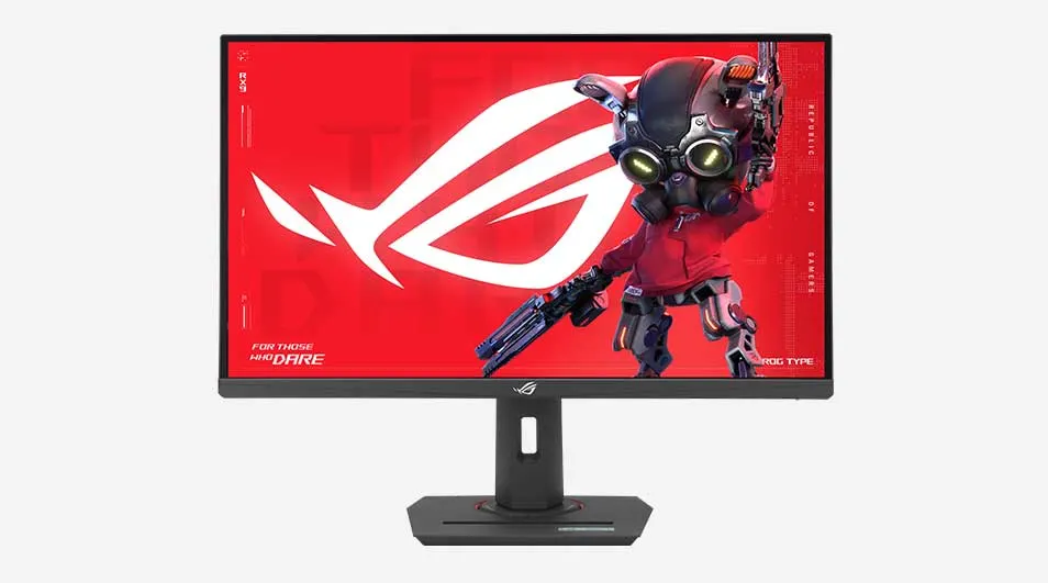 Een ROG-gamingmonitor met felrode achtergrond toont een futuristisch personage in harnas met groot wapen en logo’s en tekst rond het beeld.