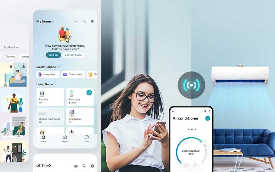 Vrouw bedient vrolijk een airconditioner via de LG ThinQ-app, met slimme routines en bediening op het scherm.