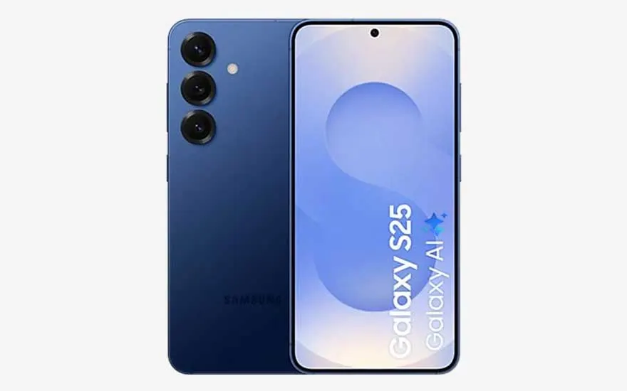 Blue Samsung Galaxy S25, front display with large S graphic and “Galaxy AI”, rear shows triple vertical cameras and flash.