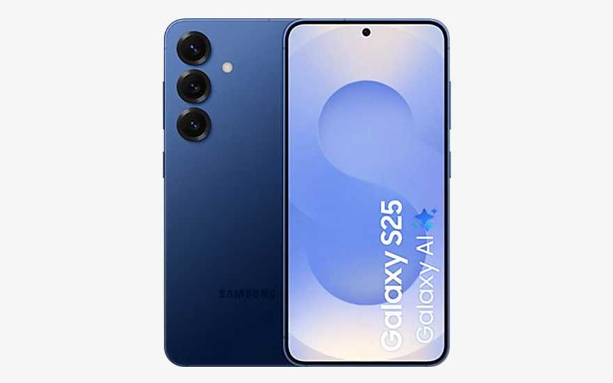 Blauwe Samsung Galaxy S25, voorkant met groot S-scherm en “Galaxy AI”, achterkant met drie camera’s boven elkaar en flits.
