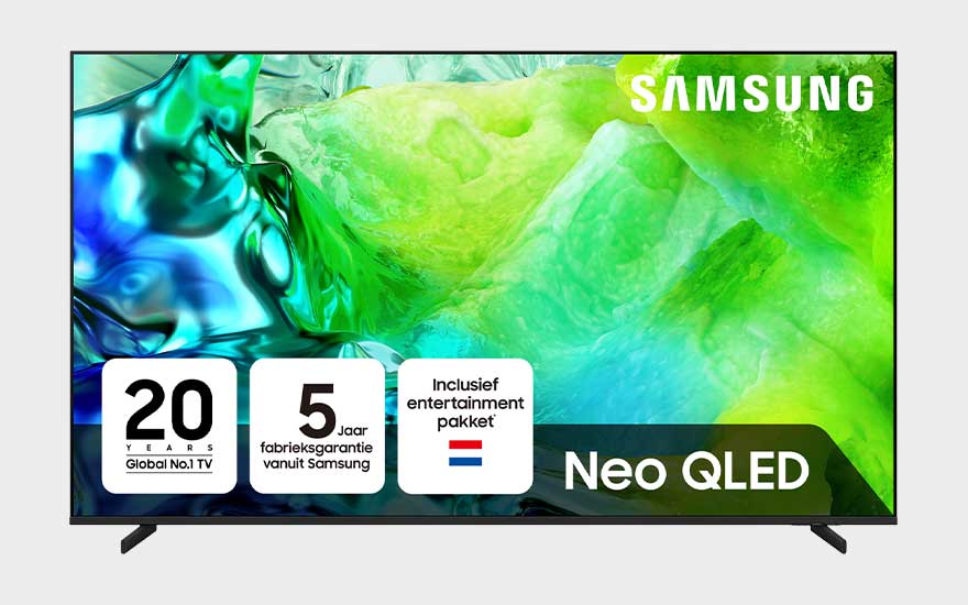 A Samsung Neo QLED TV displays bright green and blue abstract forms, with information on warranty and package.