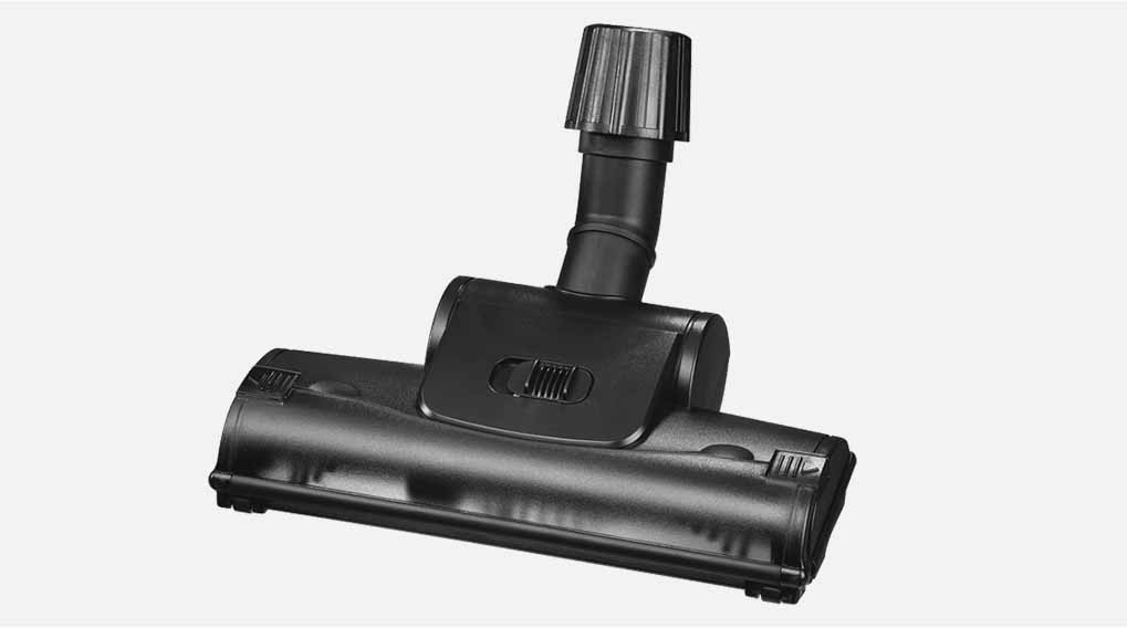 Zwarte stofzuigerborstel met een buisvormige aansluiting en een platte, rechthoekige basis op een witte achtergrond.