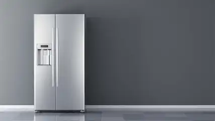 Een zilverkleurige koelkast met twee deuren staat tegen een grijze muur op een glanzende vloer.
