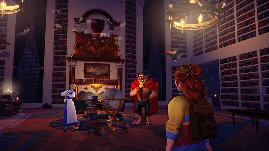 A library setting with Belle, the Beast, and a player character present. Bookshelves line the walls. A globe sits on a pile of books.