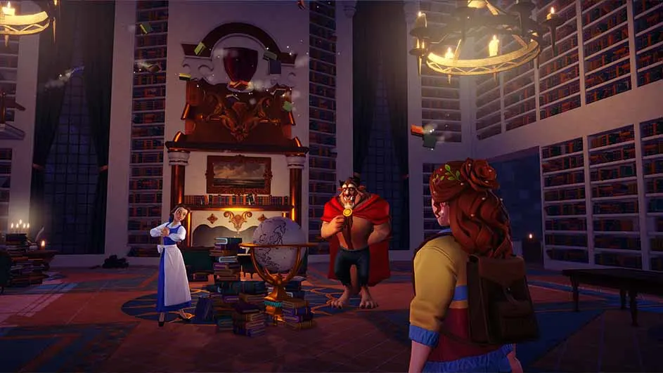 A library setting with Belle, the Beast, and a player character present. Bookshelves line the walls. A globe sits on a pile of books.