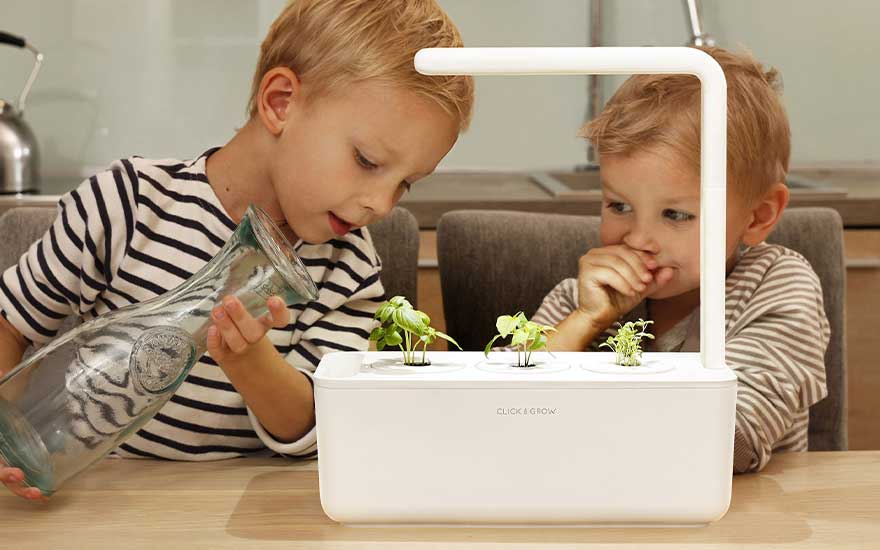A white Click & Grow smart garden on a wooden table displaying small green seedlings. One child waters the plants while another watches with curious interest.