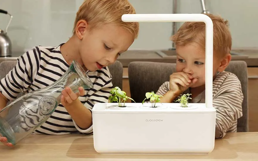 A white Click & Grow smart garden on a wooden table displaying small green seedlings. One child waters the plants while another watches with curious interest.