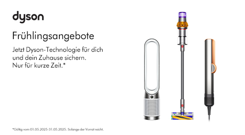 Auf weißem Grund stehen drei silberfarbene Dyson-Geräte: Luftreiniger, Staubsauger und Handstaubsauger.