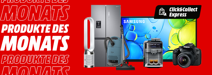 MediaMarkt Banner 'Produkte des Monats' mit Samsung Kühlschrank, Dyson Ventilator, SodaStream, Samsung TV, Siemens Kaffeemaschine und Canon Kamera auf rotem Hintergrund