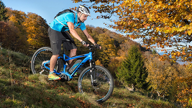 Ein Mann fährt mit einem blauen Mountainbike einen grasbewachsenen Hügel hinunter. Bäume mit gelbem Laub im Hintergrund.