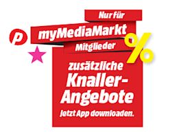 Bild mit rotem Hintergrund. Text im Bild: Nur für myMediaMarkt Mitglieder zusätzliche Knaller-Angebote. Jetzt App downloaden." Im Bild ist außerdem ein großes % Zeichen in gelber Farbe zu sehen.