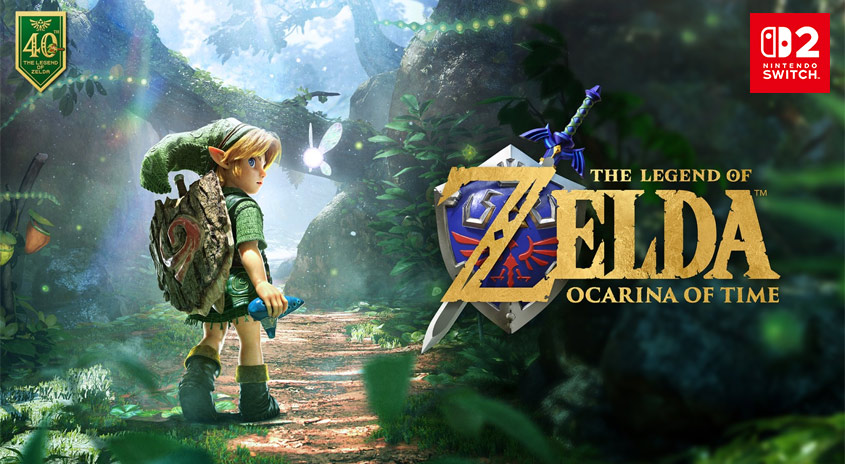 Grafik zum 40-jährigen Jubiläum von „The Legend of Zelda“ mit Link als Kind im Wald links und dem Logo „The Legend of Zelda: Ocarina of Time“ samt Hylia-Schild-Symbol rechts.