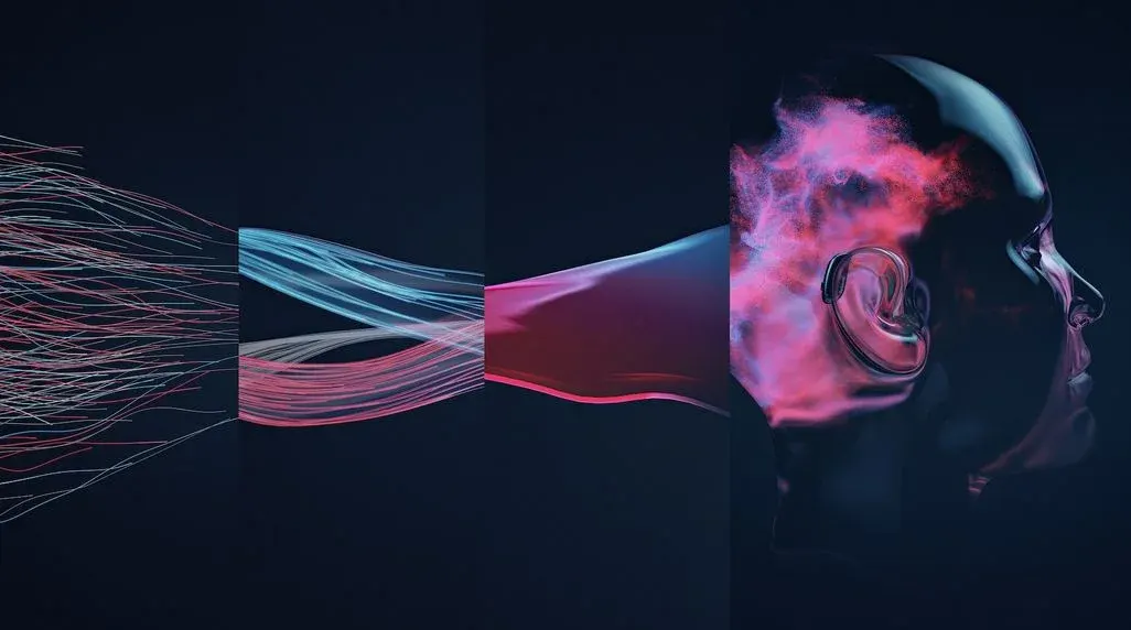 Von links fließen rote und blaue Linien, die sich zu einer violetten Welle und dann zu einem glänzenden Kopf mit rosa Partikeln verbinden.