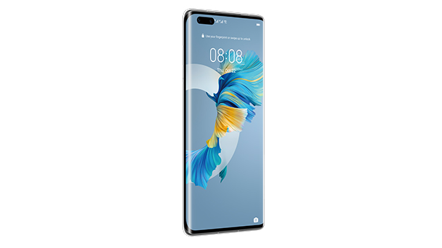 Ein Smartphone mit einem blauen und gelben grafischen Muster auf dem Bildschirm vor einem weißen Hintergrund. Die Uhrzeit auf dem Bildschirm ist 08:08.