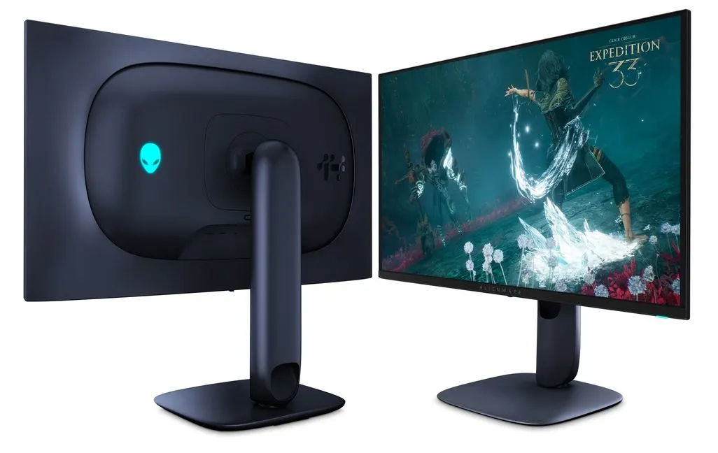 Zwei Gaming-Monitore von vorne und hinten mit Alien-Logo und Spiel-Screenshot.