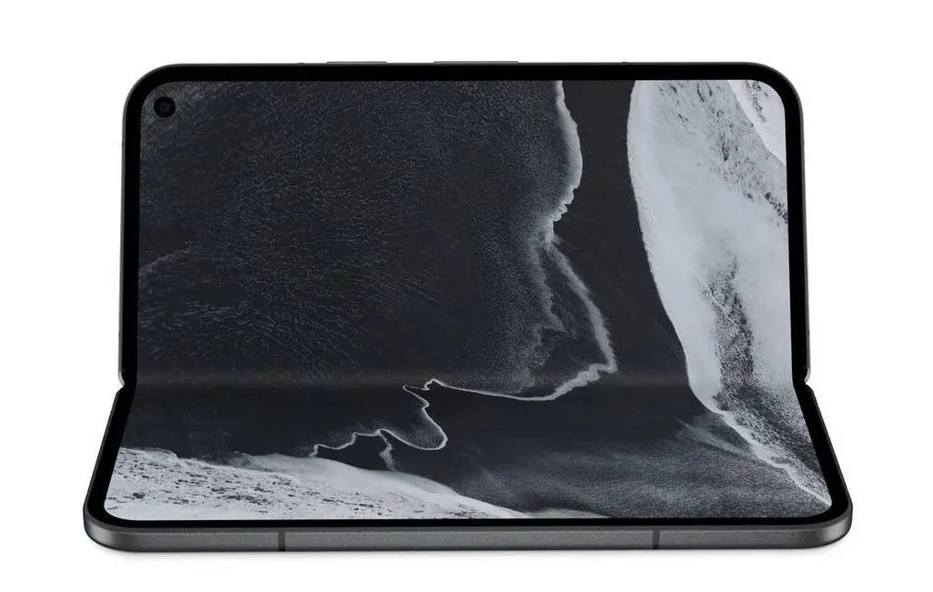 Aufgeklapptes Google Pixel 11 Pro Fold Smartphone mit großem Innendisplay, das eine dramatische Schwarz-Weiß-Landschaft mit Schnee und Felsen zeigt.