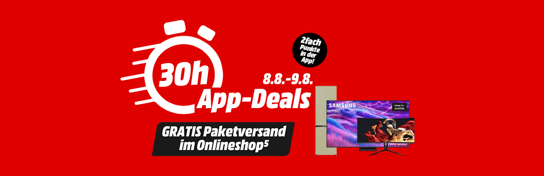 30h App-Deals. Gültig von 8.8. bis 9.8. Gratis Paketversand im Onlineshop. 2fach Punkte in der MediaMarkt App.