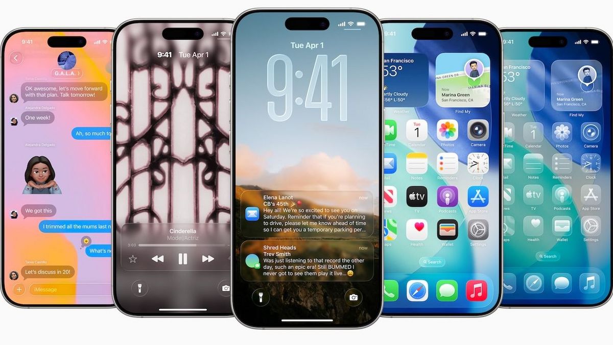 Fünf Smartphones zeigen Nachrichtenaustausch, Musikplayer, Sperrbildschirm mit Benachrichtigungen und Startbildschirme mit Apps.