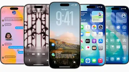 Fünf Smartphones zeigen Nachrichtenaustausch, Musikplayer, Sperrbildschirm mit Benachrichtigungen und Startbildschirme mit Apps.