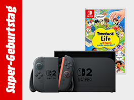 Nintendo Switch 2 Konsolen und ein Spiel vor weißem Hintergrund. Links davon in einem roten Balken und weißer Schrift steht: Super-Geburtstag.