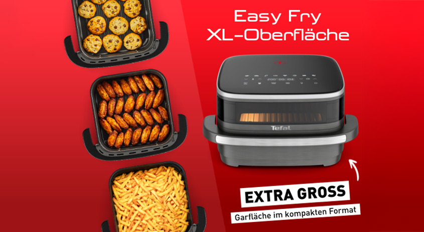 Auf rotem Grund: Fritteuse mit Pommes, Nuggets und Keksen. Text: "Easy Fry XL-Oberfläche", "Extra Gross. Garfläche im kompakten Format".