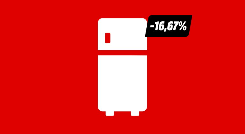 Grafik mit einem weißen Kühlschrank auf rotem Hintergrund. Oben rechts steht in einem schwarzen Einklinker die Aussage„-16,67 %“.