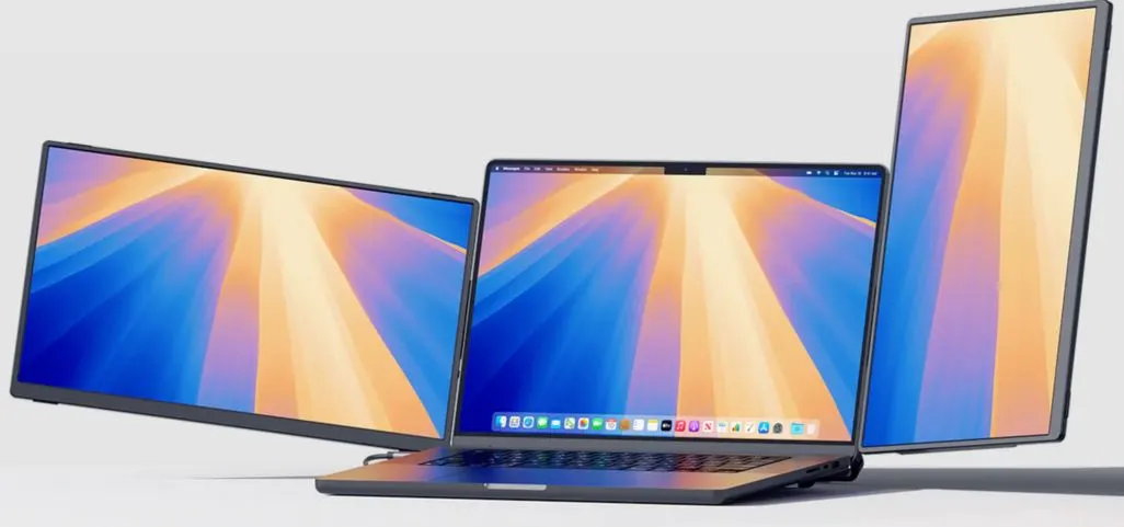 JSAUX Laptop mit 2 zusätzlich ausklappbaren Bildschirmen im Hoch und Querformat.