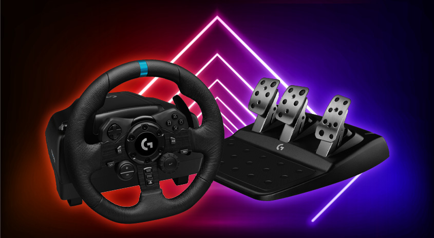 Ein schwarzes Lenkrad mit blauen Akzenten und Pedale vor einem Neon-Hintergrund.