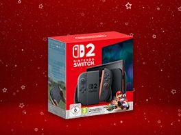 Produktbild einer Switch 2 Konsole vor rot-weihnachtlichem Hintergrund.