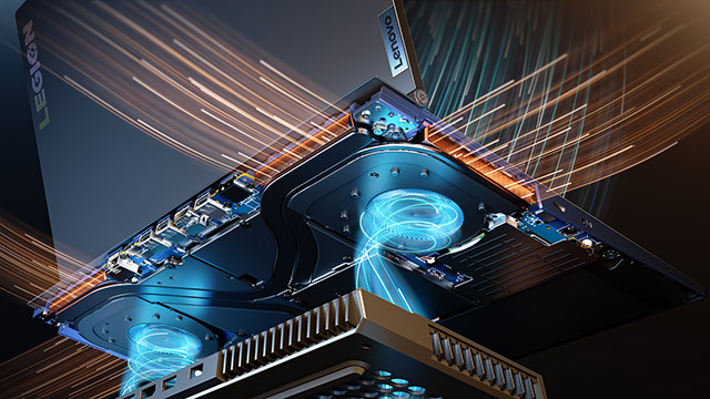 Ansicht eines geöffneten Lenovo Laptops mit blauem Lichteffekt, der die Kühlung hervorhebt. Braune Linien deuten auf Wärmeableitung hin.