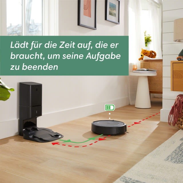 Wenn der Akku fast leer ist, findet der Roomba® i5+ Saugroboter automatisch seine Ladestation. Er lädt sich dort vollständig auf und macht mit der Reinigung dort weiter, wo er aufgehört hat, solange bis alles gereinigt.
