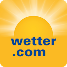 Gelbe Sonne mit Strahlen auf gelbem Hintergrund, darunter der blaue Schriftzug "wetter.com".