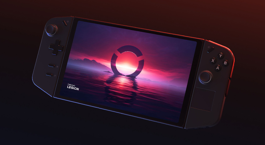 Ein schwarzer Lenovo Legion Go Handheld mit Tasten und einem Bildschirm, der eine Landschaft mit einem Ring zeigt.