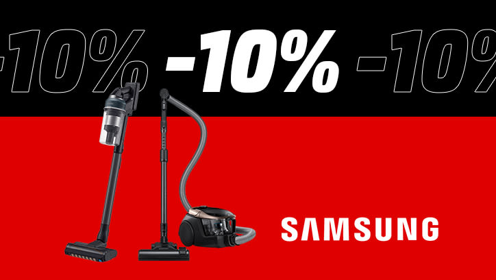Zwei Samsung Staubsauger stehen nebeneinander auf einem rot-schwarzem Hintergrund. Im oberen Bereich des Bildes steht mehrmals in großer Schrift "-10%". Rechts unten steht das Samsung-Logo.