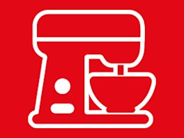 Bild mit rotem Hintergrund, darauf ein Piktogramm in weiß von einer Küchenmaschine