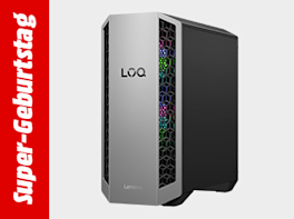 Gaming PC vor weißem Hintergrund. Links davon in einem roten Balken und weißer Schrift steht: Super-Geburtstag.